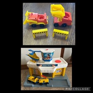 Vintage Fisher-Price Yellow & Red Construction Vehicles Play Set & Airport Set